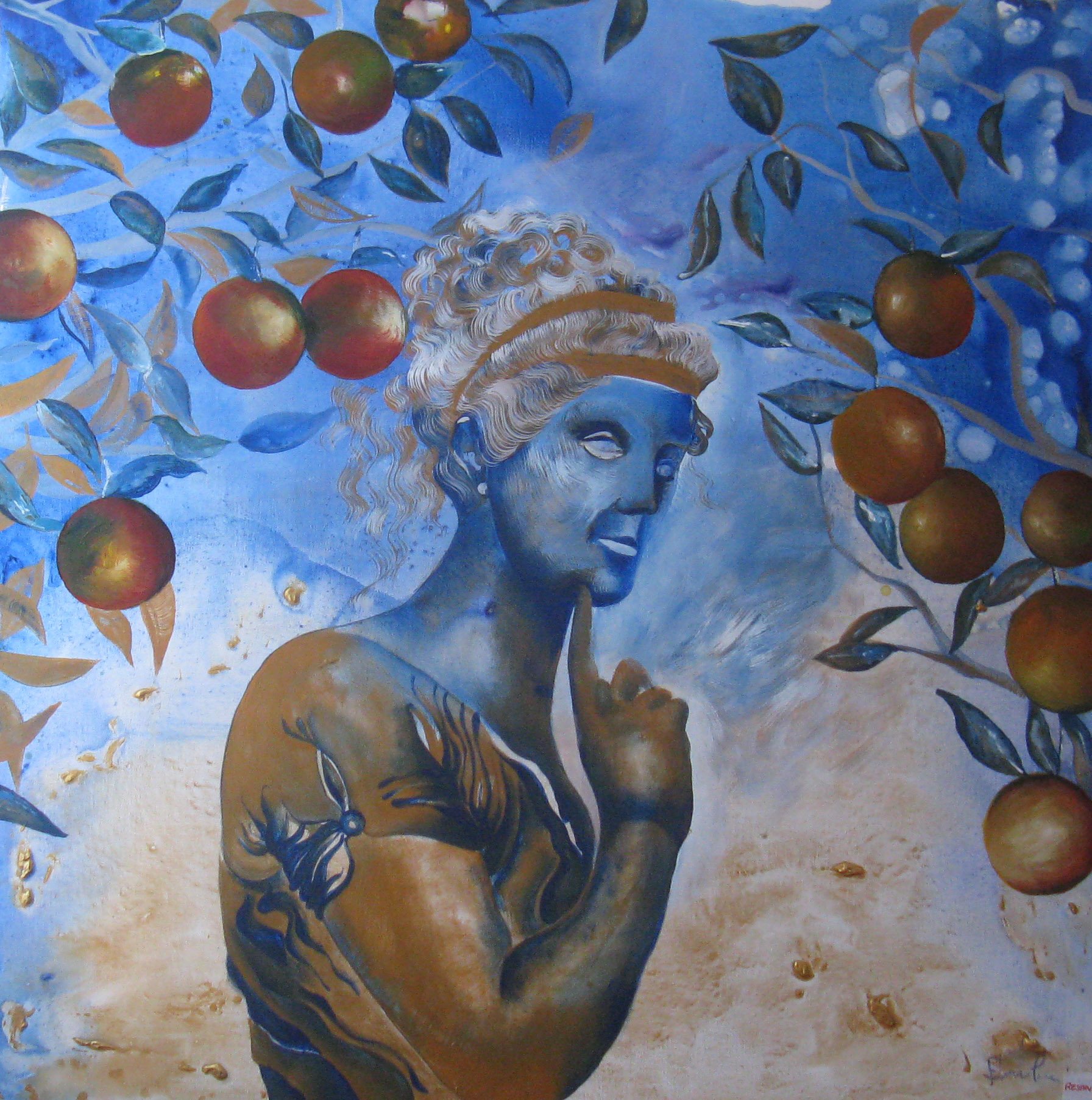 venus-with-oranges-110x110cmacrilic-and-inck-on-canvas-denmark-2009